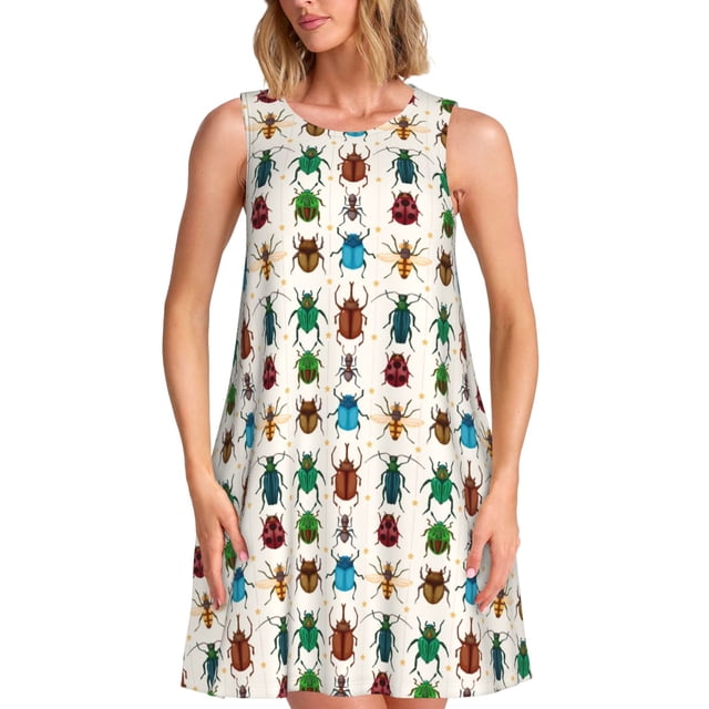 KLL Cartoon Insects Pattern Womens Summer Dresses 2025,Loose Round Neck Sleeveless Sundresses Tank Dresses with Pockets