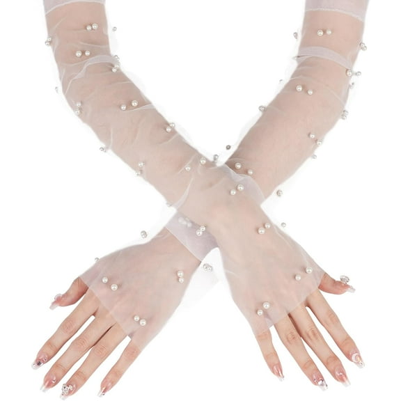 YooGuoGuo White Lace Sheer Gloves, Tulle Gloves, Bridal Gloves with Pearl for Wedding, Fingerless Gloves for Women Girls Long Elbow Wedding Gloves for Tea Opera Party Hallowmas Costume