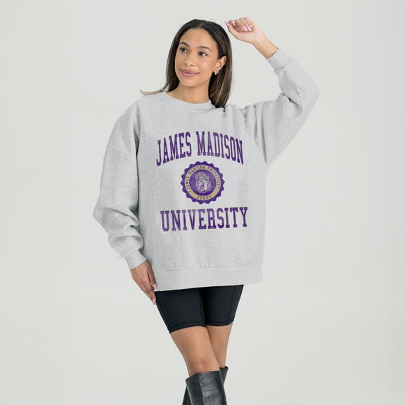 Women's Gameday Couture Steel James Madison Dukes Oversized Good Vibes Premium Fleece Drop Shoulder Pullover Sweatshirt