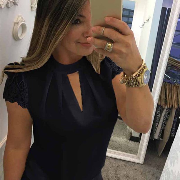 Mujeres moda Sexy encaje Patchwork manga corta camisetas Casual Tops más tamaño blusapangjing