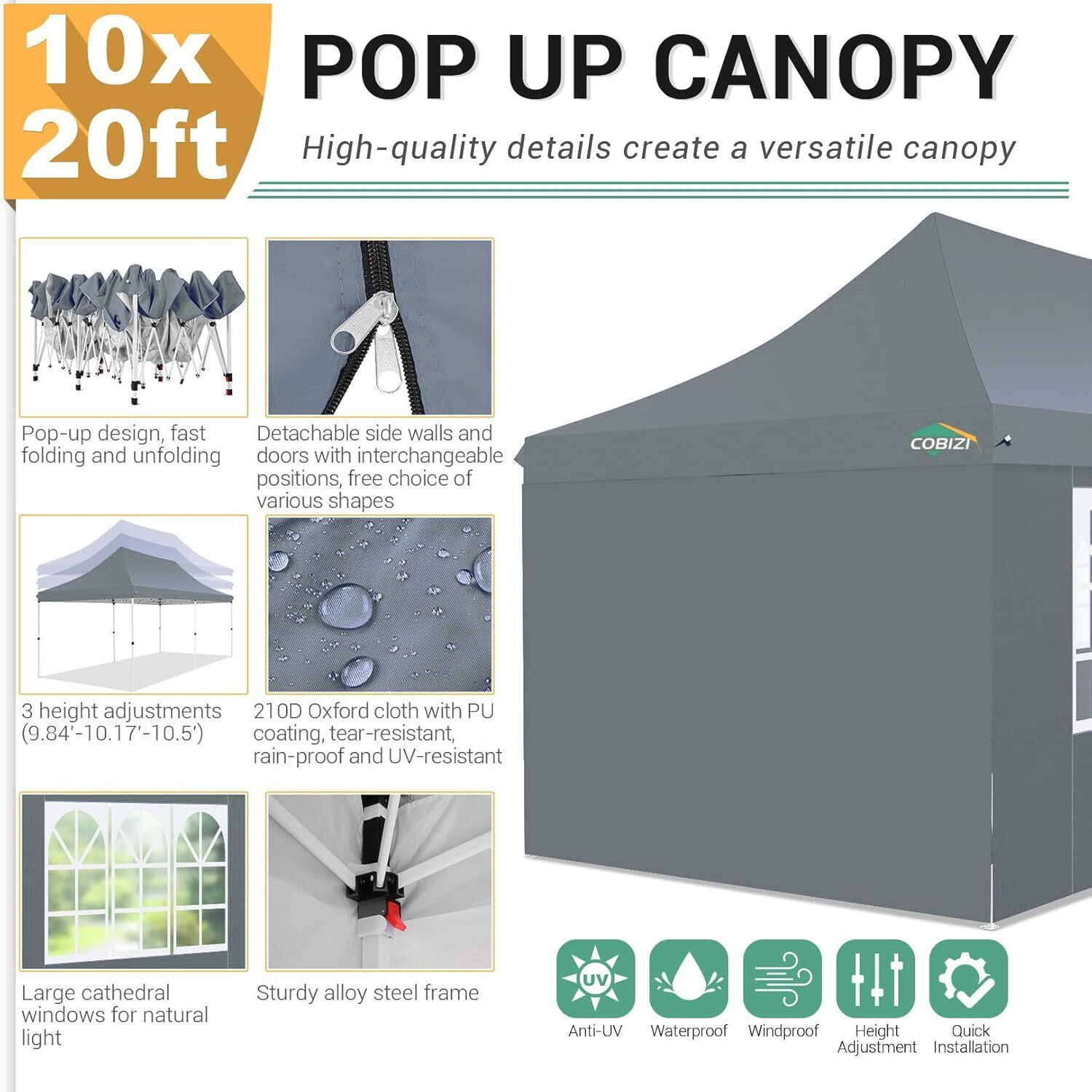 SANOPY 10'x20' Ez Pop up Canopy Party Tent with 6 Sidewalls, Waterproof and Sun Shelter Heavy Duty Canopy for Market with Carry Bag, Gray