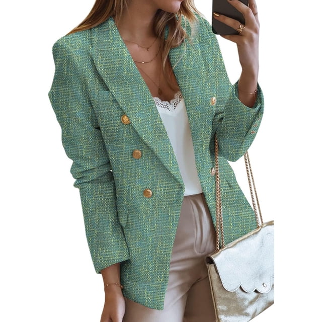 Womens Double Breasted Tweed Blazers Casual Long Sleeve Open Front Blazer Jackets Work Suits