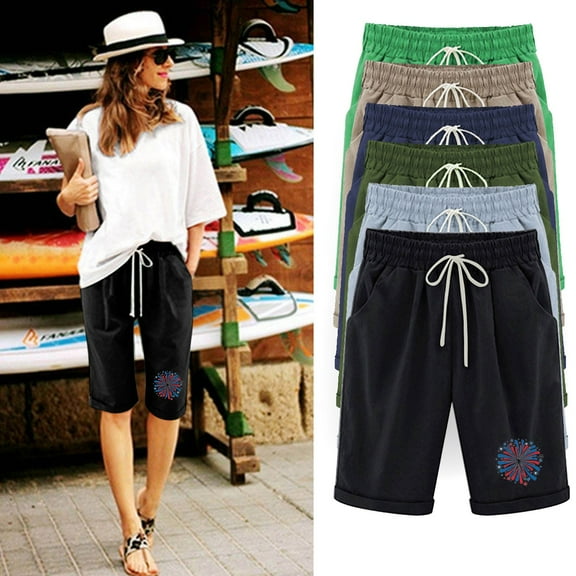 Jacenvly New Pants for Women Shorts Cotton and Linen Fashionable Printing Elastic Waist 5-Inch Pants Drawstring 5-Inch Shorts Soft Satiny High Waistcasual Athletic Shorts Women Black