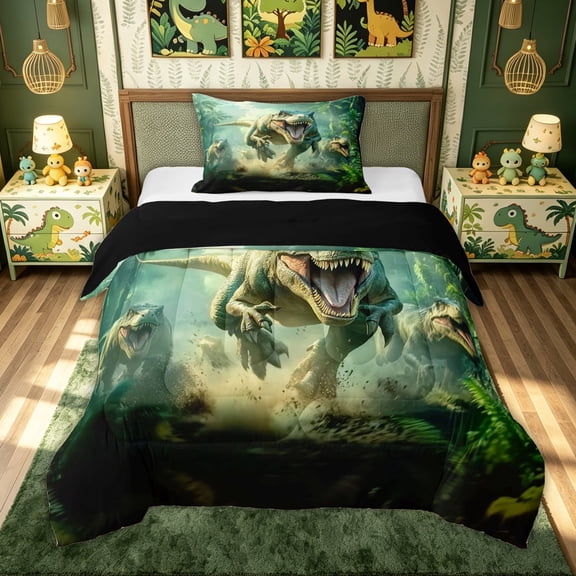 meiyoeat Dinosaur Animals Twin Comforter Sets for Kids Boys, Jungle Scene Bedding Set for Bedroom, Green, Black Reversible, 2 Pieces