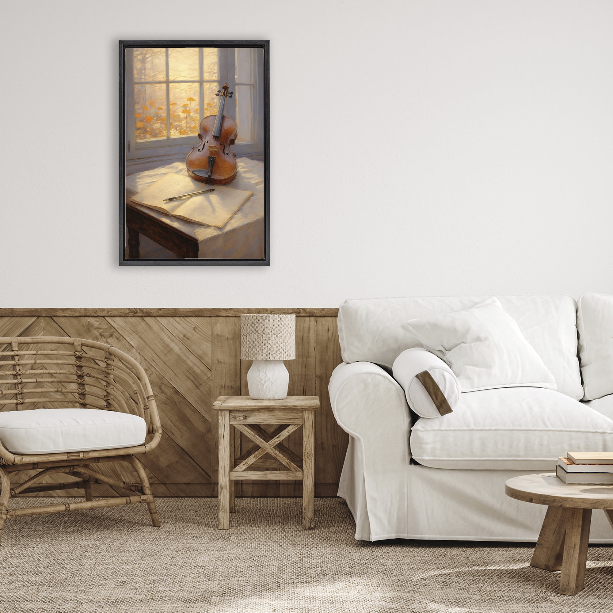 Stupell Industries Autumn Sunlit Violin Black Framed Floater Canvas Wall Art, design by Angie Hawke