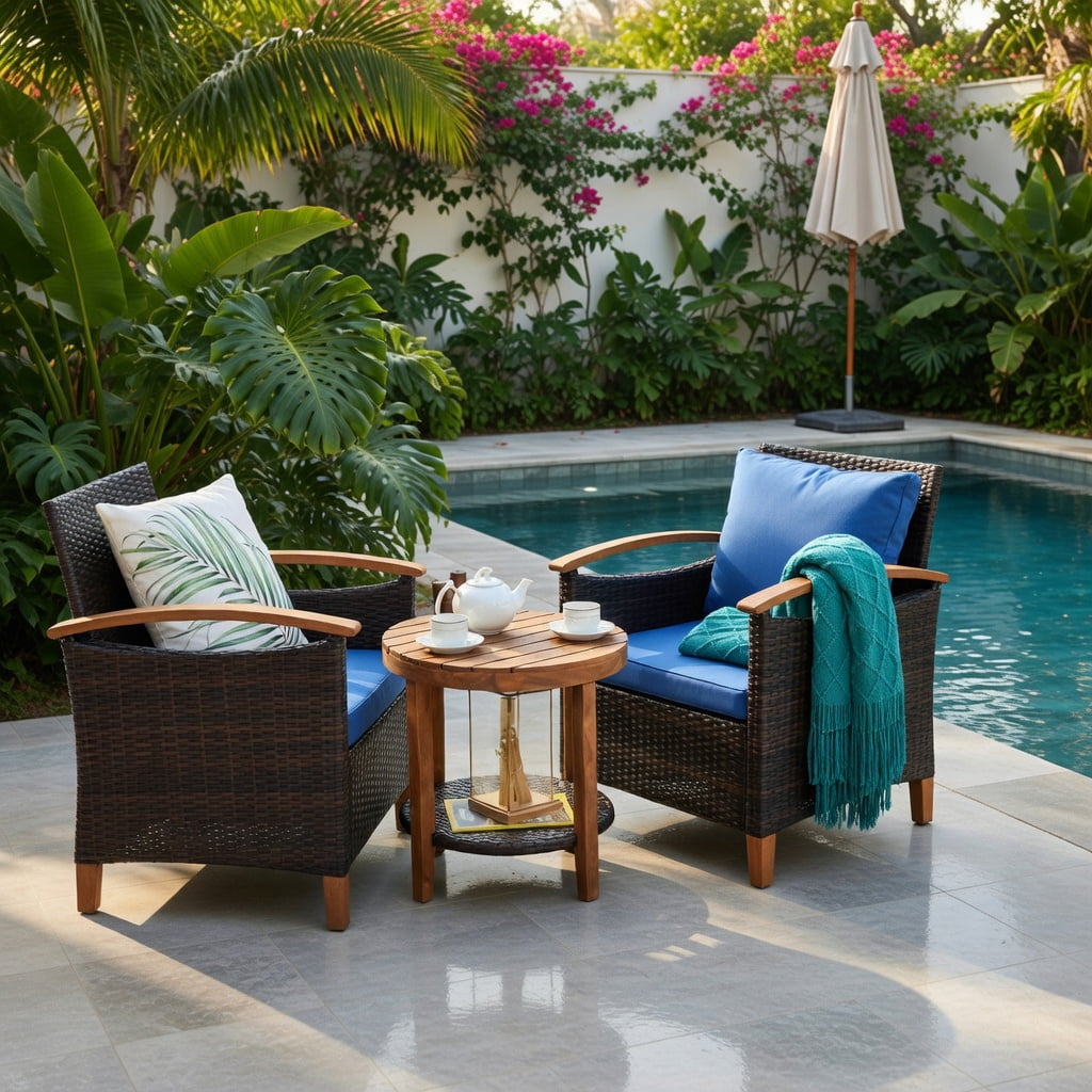 Hommoo 3-Piece Outdoor Rattan Patio Furniture Set with Washable Blue Cushions, Acacia Wood Coffee Table, Blue