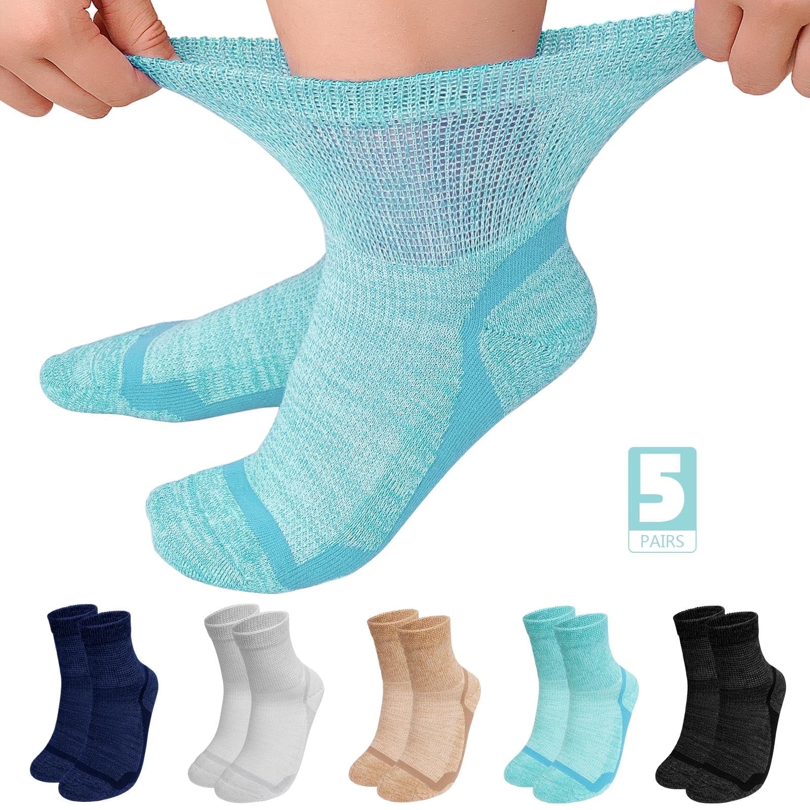 Diabetic-Friendly Comfort Socks, 5 Pairs LOFIR Ultra-Soft Bamboo Viscose Crew Socks, Pressure-Free Fit with Smooth Knit Design, Sweat-Wicking Ventilated Fabric for Sensitive Feet, Size 11-13