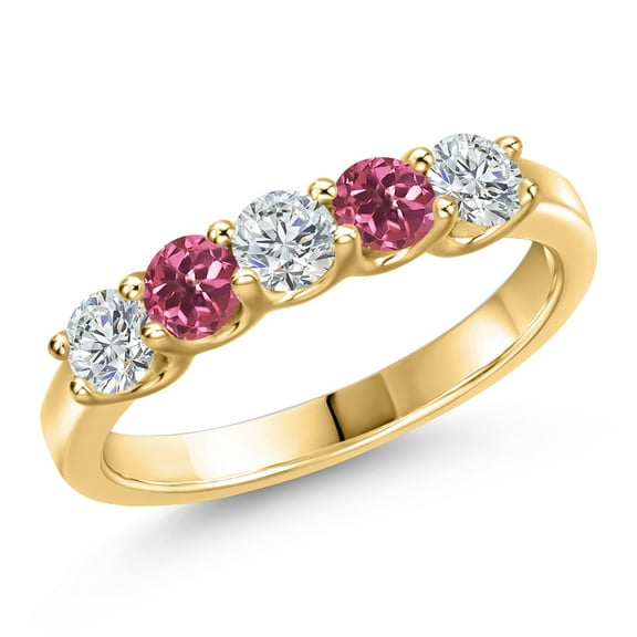 Gem Stone King 10K Yellow Gold Lab Grown Diamond and Pink Tourmaline Wedding-Bands Ring for Women | 0.81 Cttw | Round 3.5MM | Gemstone April Birthstone | Size 7