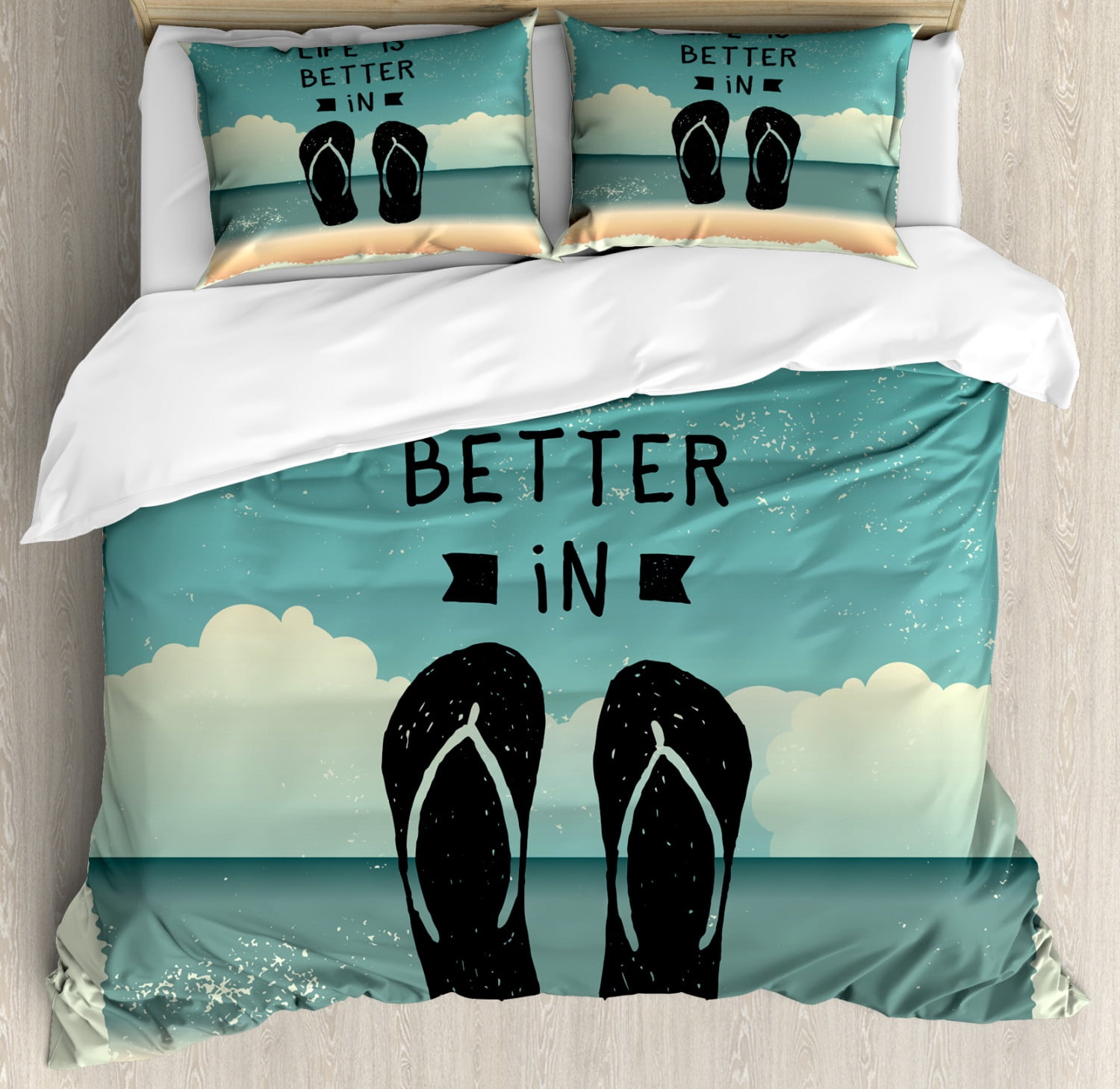 Flip Flop King Size Duvet Cover Set, Scribbled Hand Drawn Style Beach