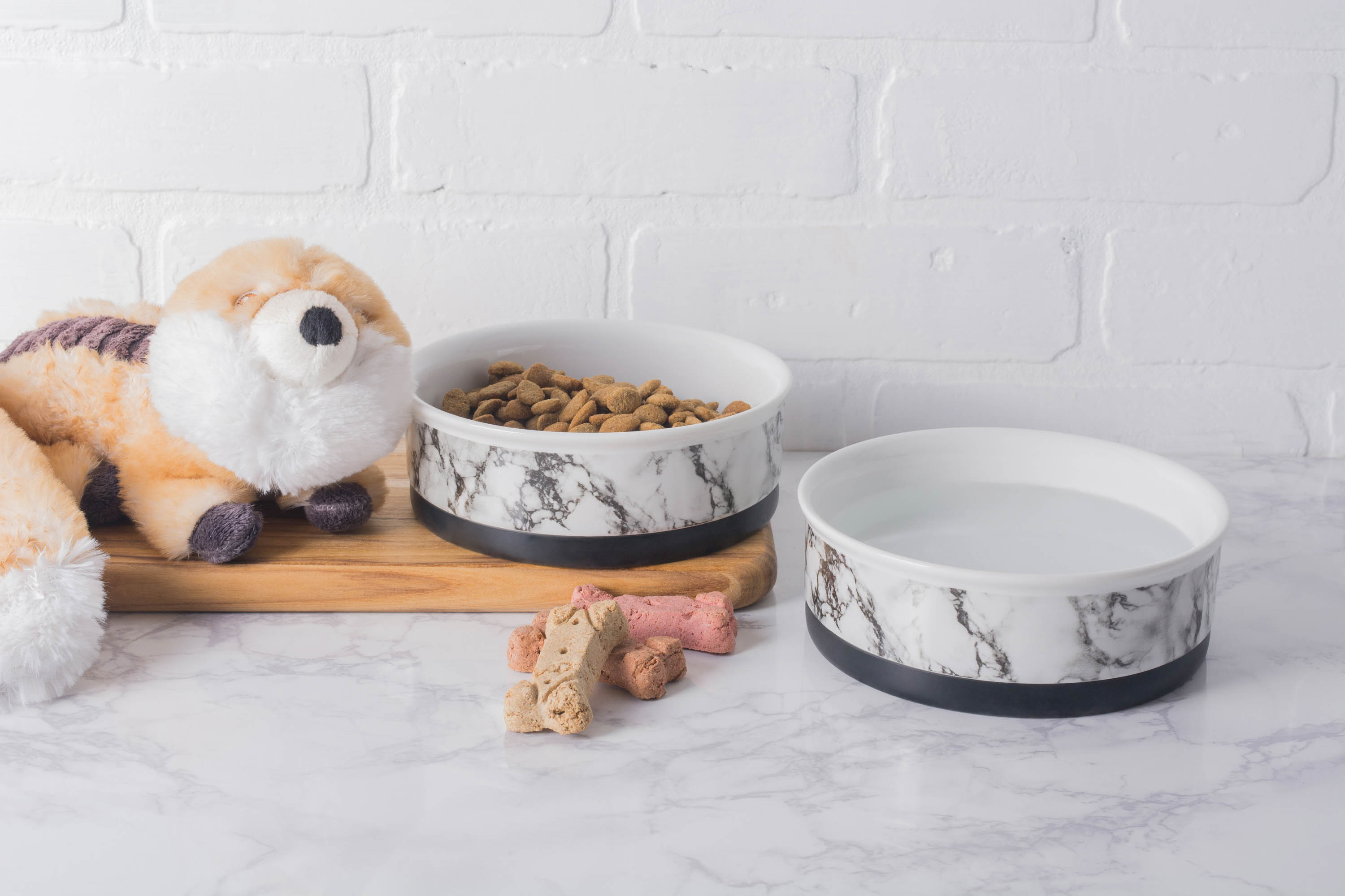 Set of 2 Vibrant Unique Small White Marble Pet Bowl, 4.25"