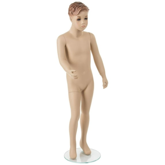 Displays2go, Boy Mannequin with Realistic Features, Tempered Glass Base with Heel Rod - Fleshtone (ZCMMKM4)