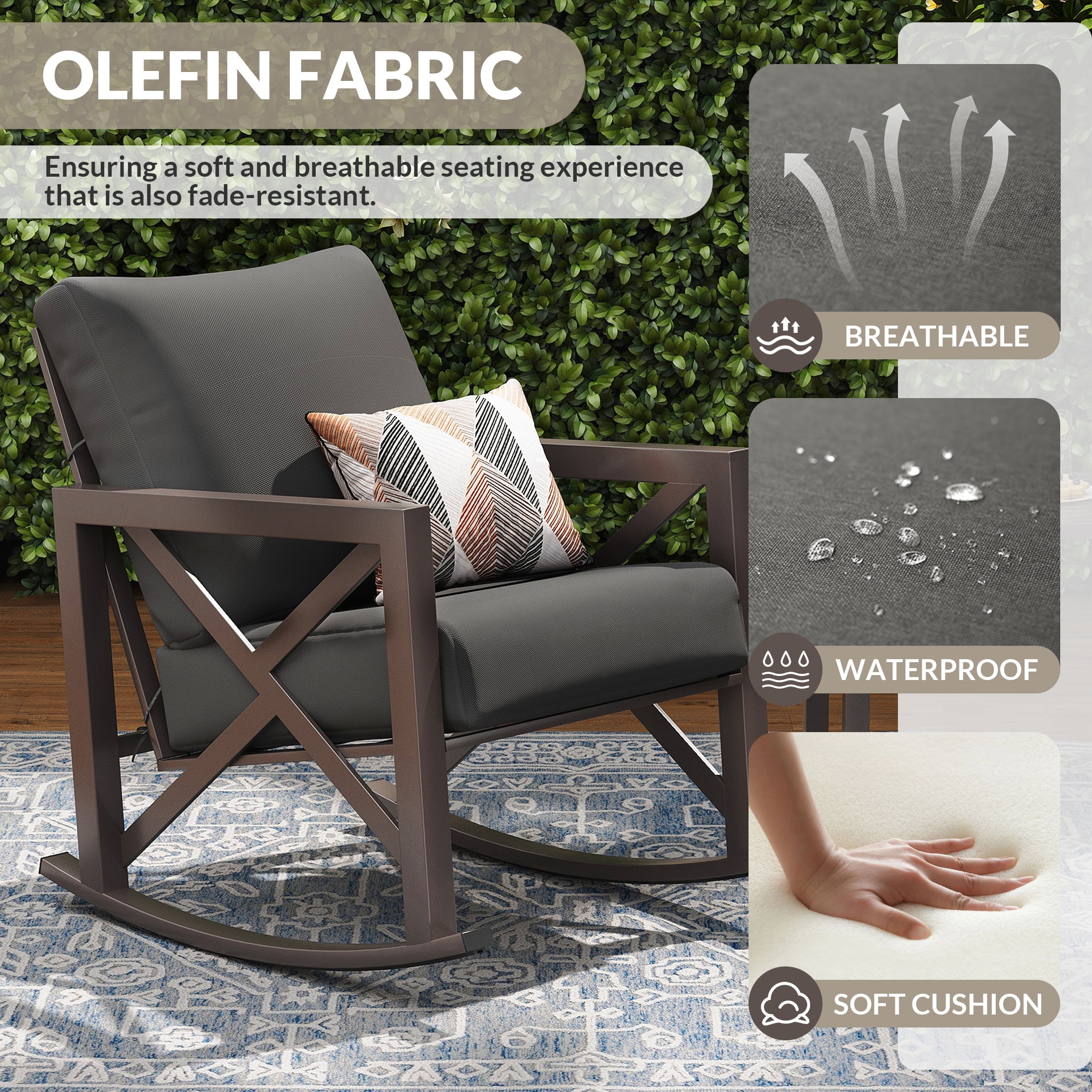 UDPATIO 3-Piece Metal Patio Rocking Chair Set, Heavy Duty 350 lbs Capacity Outdoor Bistro Furniture Set with 2 Rockers, Thick Cushions and Coffee Table for Porch, Rust-Resistant, Grey