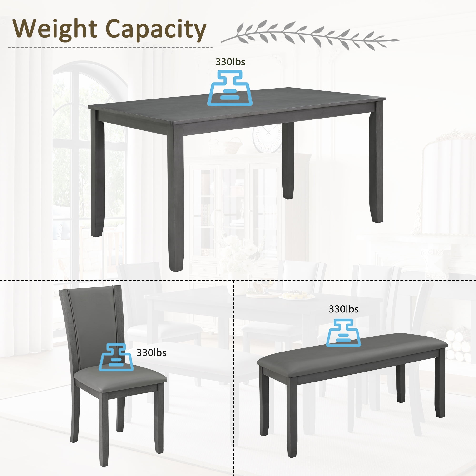 Aukfa 6 Pcs Farmhouse Extendable Dining Table Set,Rubberwood Kitchen Table with Bench & 4 Chairsfor Dining Room,Gray