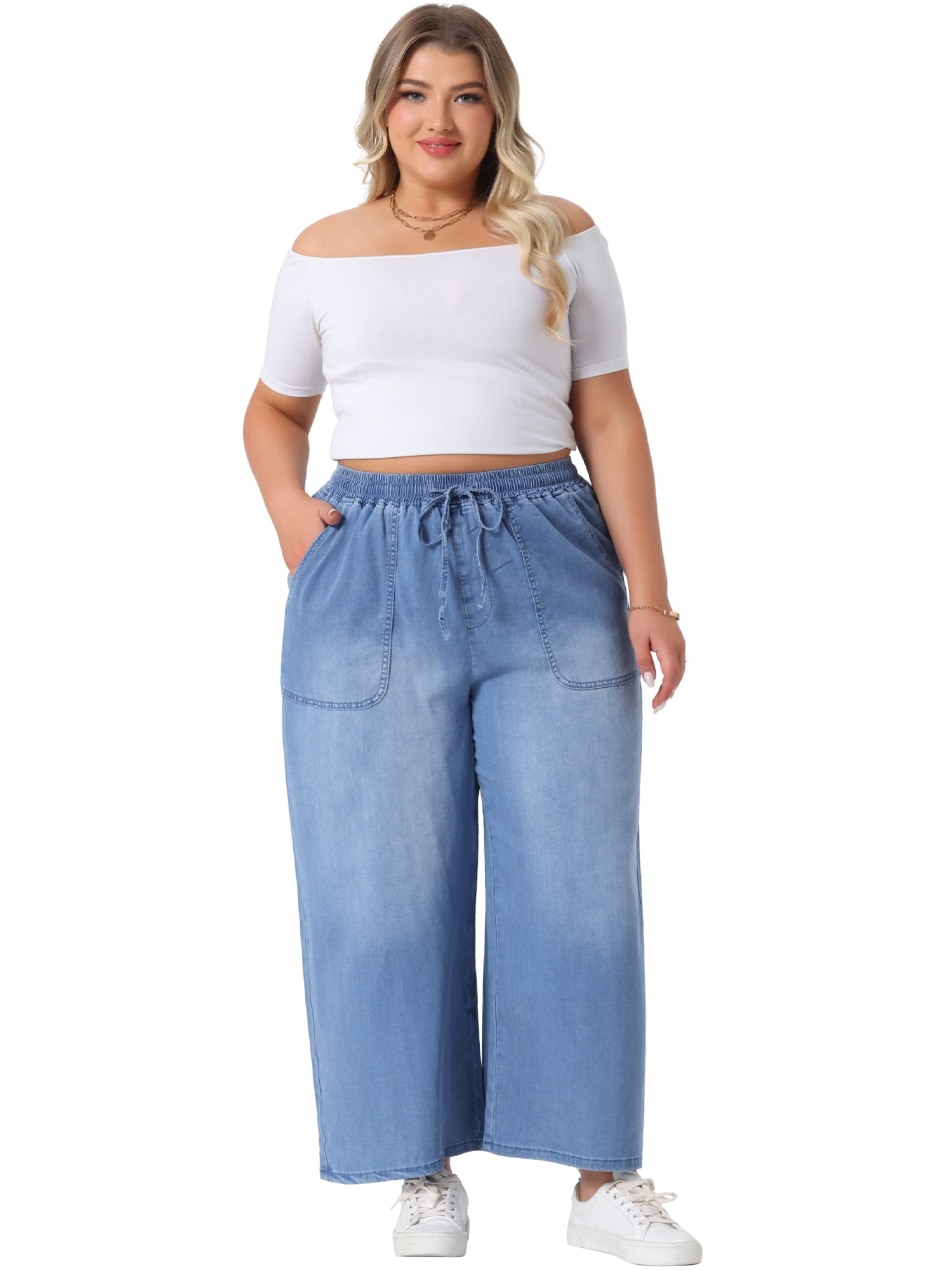 DARING DIVA Women's Plus Chambray Baggy Fit Jeans Denim Pants with Pockets 3X Light Blue