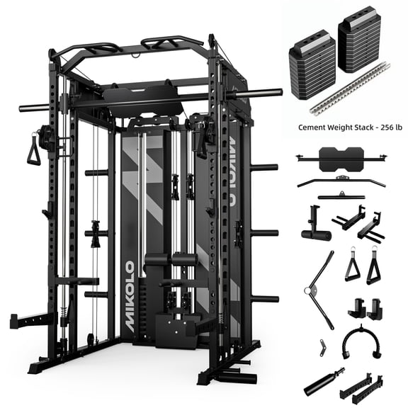 Mikolo Horus Smith Machine & Functional Trainer, 2×2"Uprights (33 Holes), Dual 128LBS Weight Stack, Dual High/Low Cables, Full Body Workout Home Gym