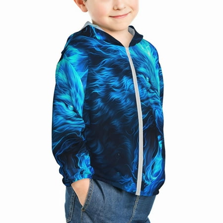 

Uemuo Blue Fire Wolf Pattern Rash Guard for Boys Girls Long Sleeve Swim Shirts UPF 50+ UV Sun Protection Hooded Fishing Shirt with Pocket for Kid-2 Years