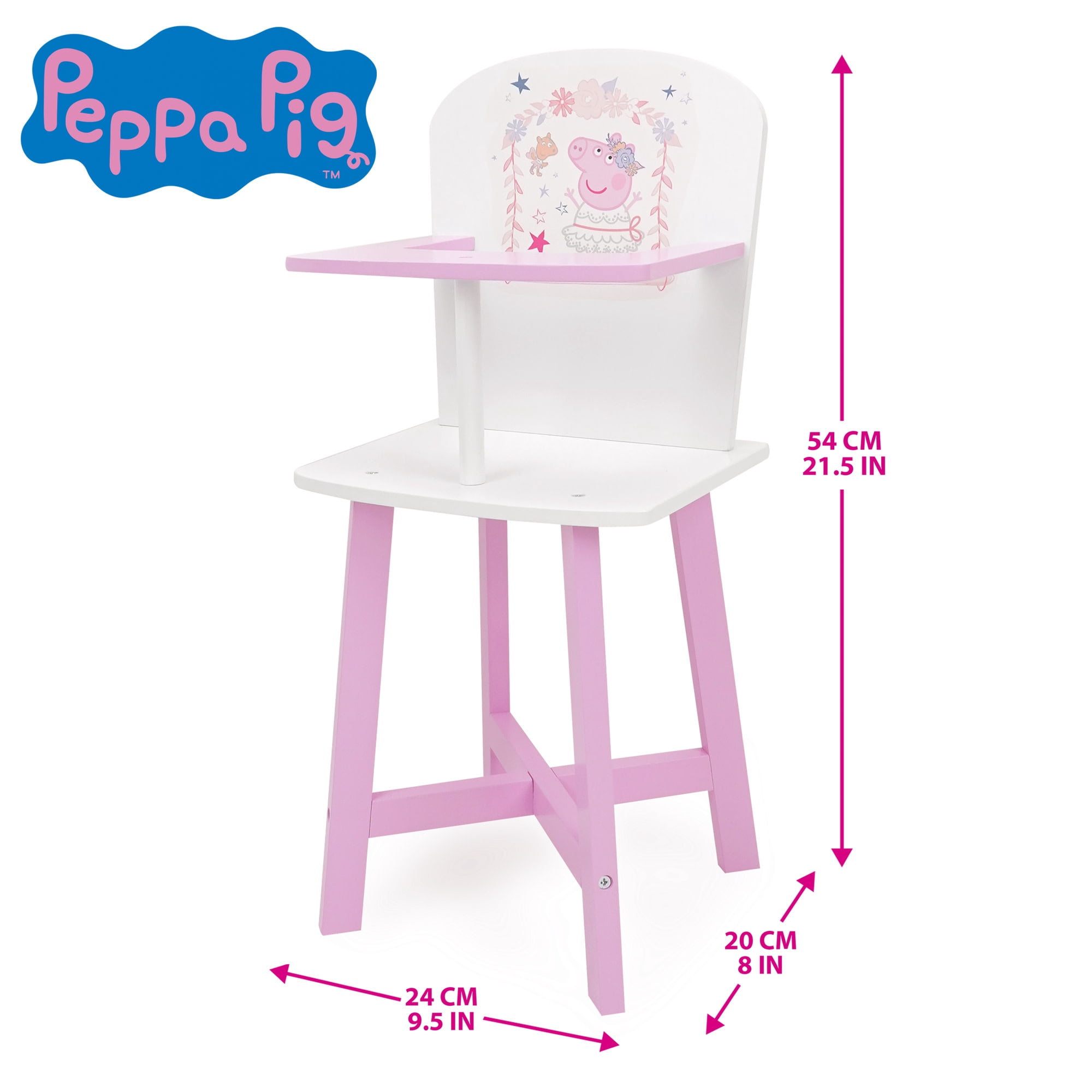 509 Crew: Peppa Pig - Wooden Doll High Chair - Pink- White-Ballerina, Secure Seating, Doll & Plush Feeding Accessory, Nurturing Roleplay Toy, Kids 3+