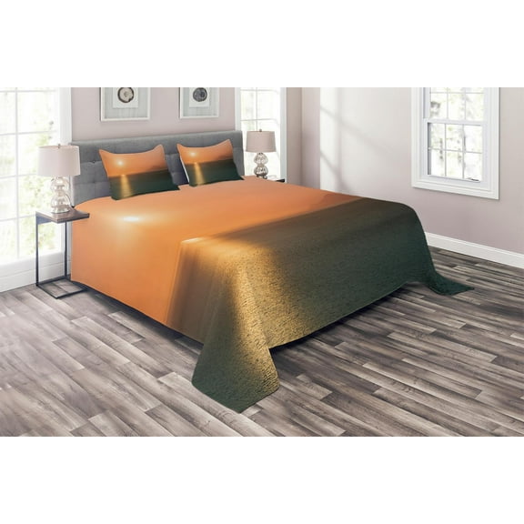 Ambesonne Nautical Quilted Coverlet 3 Pcs, Sunrise over Ocean, Queen Size, Orange Blue