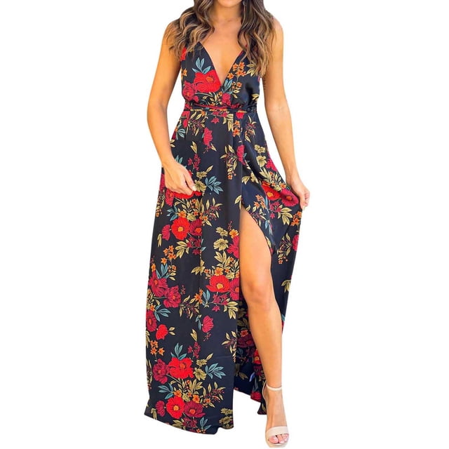 Vestido largo hasta el suelo con corte entallado y escote en V estampado sin mangas sin espalda de Inglaterra Sexy a la moda para mujer Pompotops ghjkhdj8644