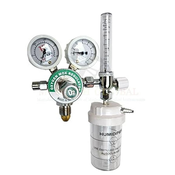 MEDITECH GLOBAL Double Gauge Single Stage Medical Oxygen Regulator (MOX Regulator) with BPC Flowmeter and Humidifier Bottle Set