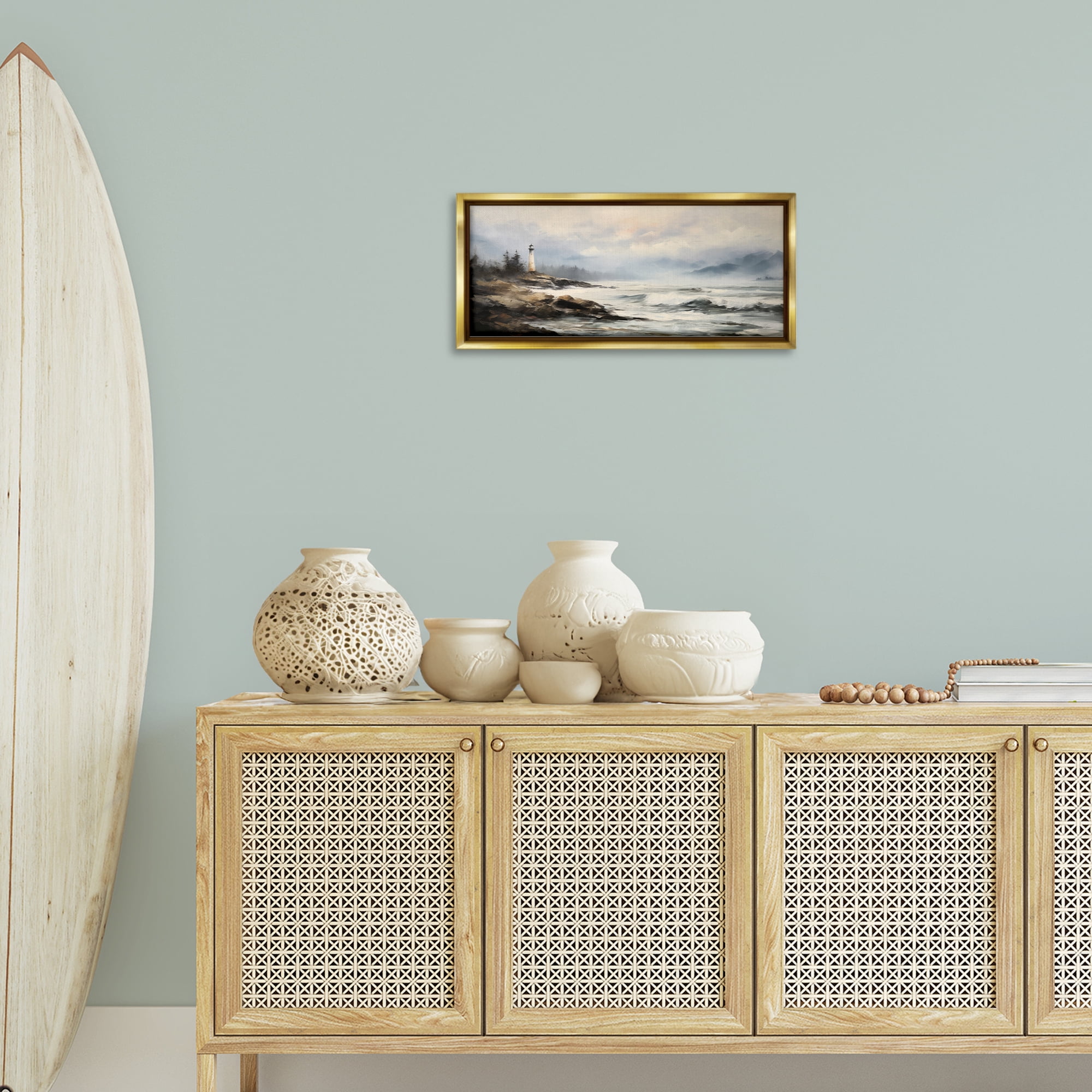 Stupell Industries Coastal Lighthouse Waves Coastal Painting Gold Floater Framed Art Print Wall Art, 25 x 11