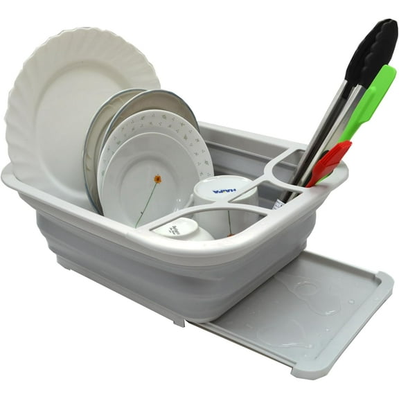 SAMMART Collapsible 8.5L (2.25 gallons) Plastic Dish Drainer with Draining Board - Foldable Drying Rack with Base Board - Pop Up Dinnerware Organizer - Space Saving Kitchen Storage Tray