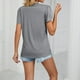 thumbnail image 2 of Camiseta de mujer con cuello en V y encaje hueco - Manga corta, corte holgado, color liso - Camiseta informal de verano, 2 of 4