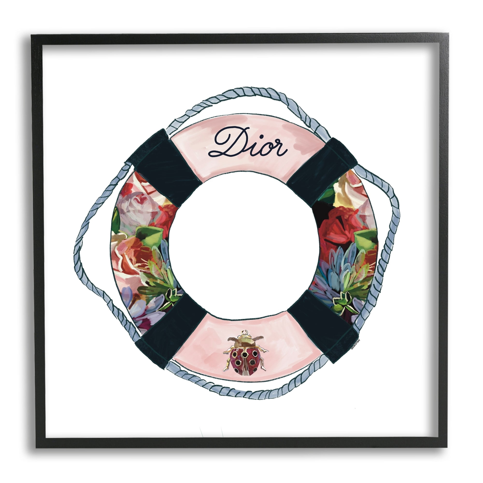 Stupell Industries Floral Patterned Life Preserver Upscale Fashion Motif Graphic Art Black Framed Art Print Wall Art, Design by Amelia Noyes