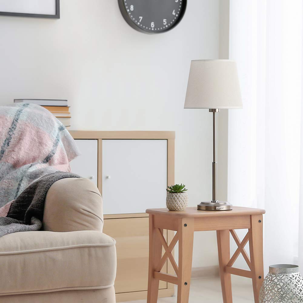 Metal Modern Lamp, Linen Fabric Shade with Circular Base, Set of 2 - Silver