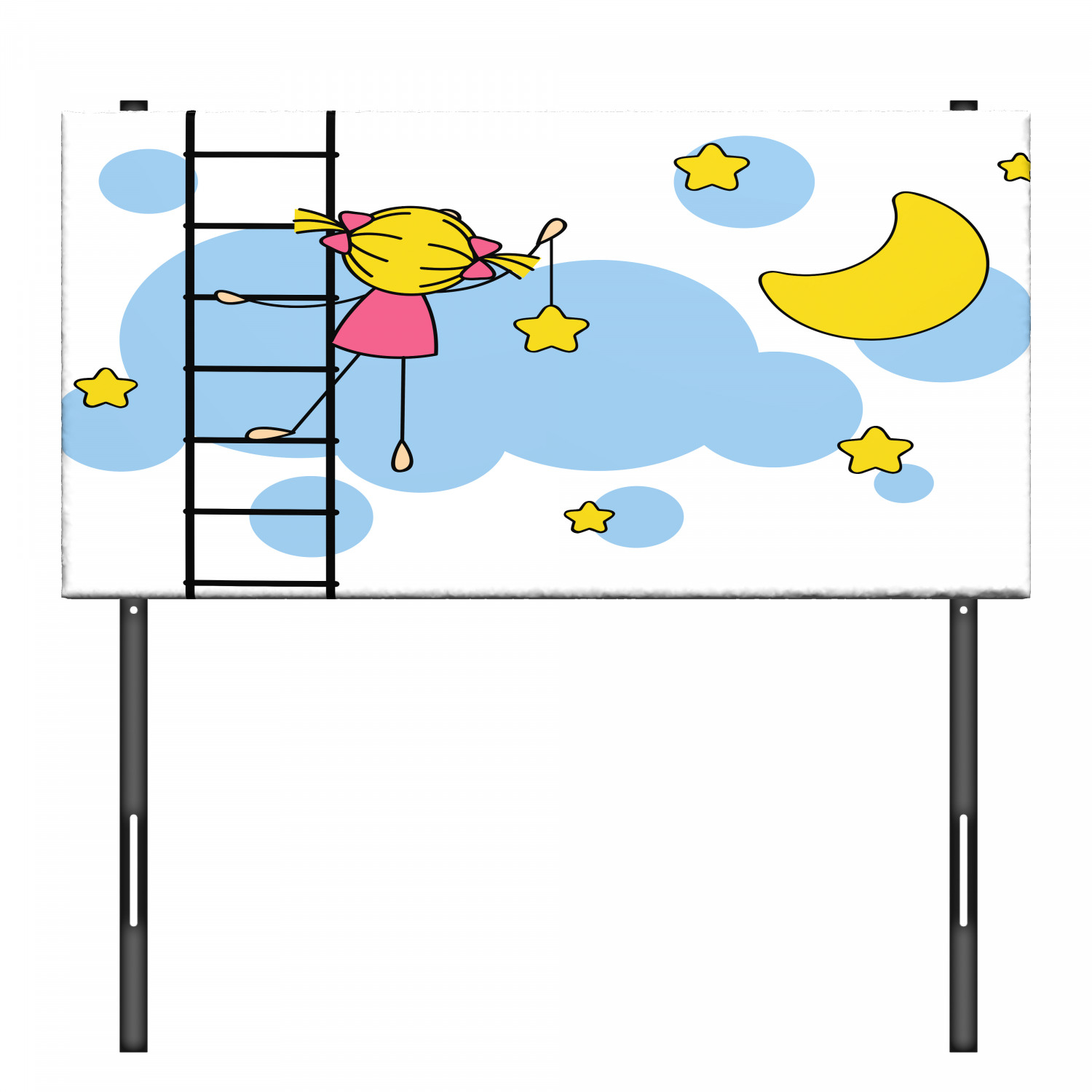 Star Headboard, Girl on Ladder Hanging a Star in the Night Sky with Half Moon Cartoon Picture, Upholstered Decorative Metal Bed Headboard with Memory Foam, Twin Size, Yellow Blue, by Ambesonne - image 3 of 4