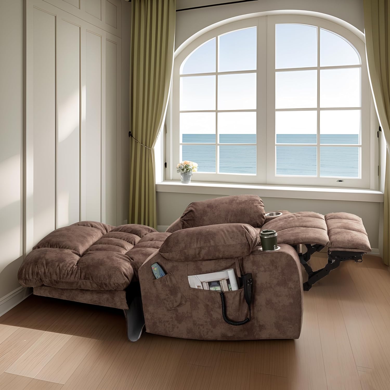 REHOUSING Adult Velvet Massaging and Heat Recliners with Cup Holders and Side Pockets, Brown