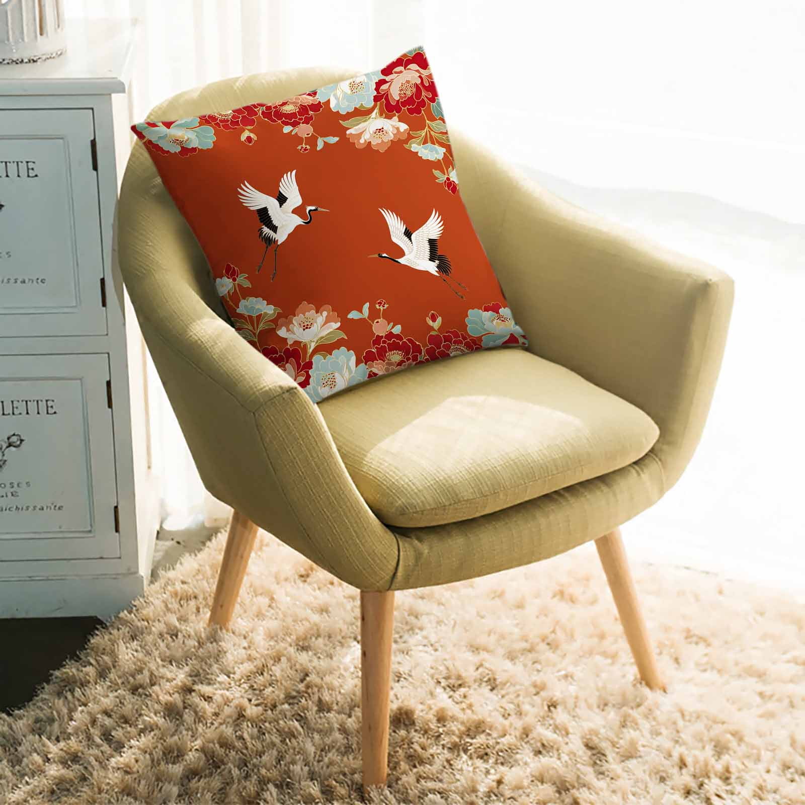 Throw Pillow Covers 26x26 Inch, Red Crane Decorative Pillow Cases for Couch Sofa Bed, Vintage Red Teal Spring Floral Botanical Cotton Linen Square Home Decor Pillowcases with Hidden Zipper