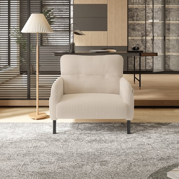 Beige Corduroy Wide Seat Accent Chair with Double Side Pockets, Comfy Single Sofa Chair for Living Room Bedroom Reading Nook