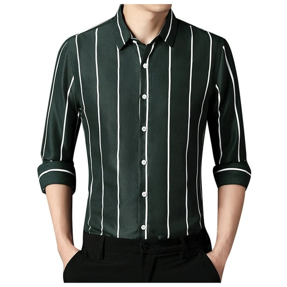 Men's Casual Slim Striped Lapel Long Sleeve Shirt Top for Everyday Fashion and Korean- Style