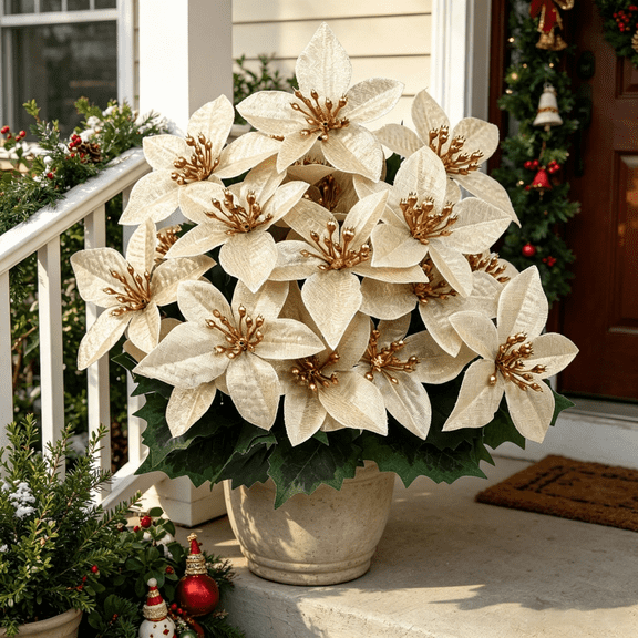 14 Inch Gold Artificial Poinsettia Bouquet, 5 Bunches Fake Christmas Flowers with Faux Eucalyptus, UV Resistant Silk Flowers, Indoor Outdoor Home Garden Porch Patio Winter Holiday Decor