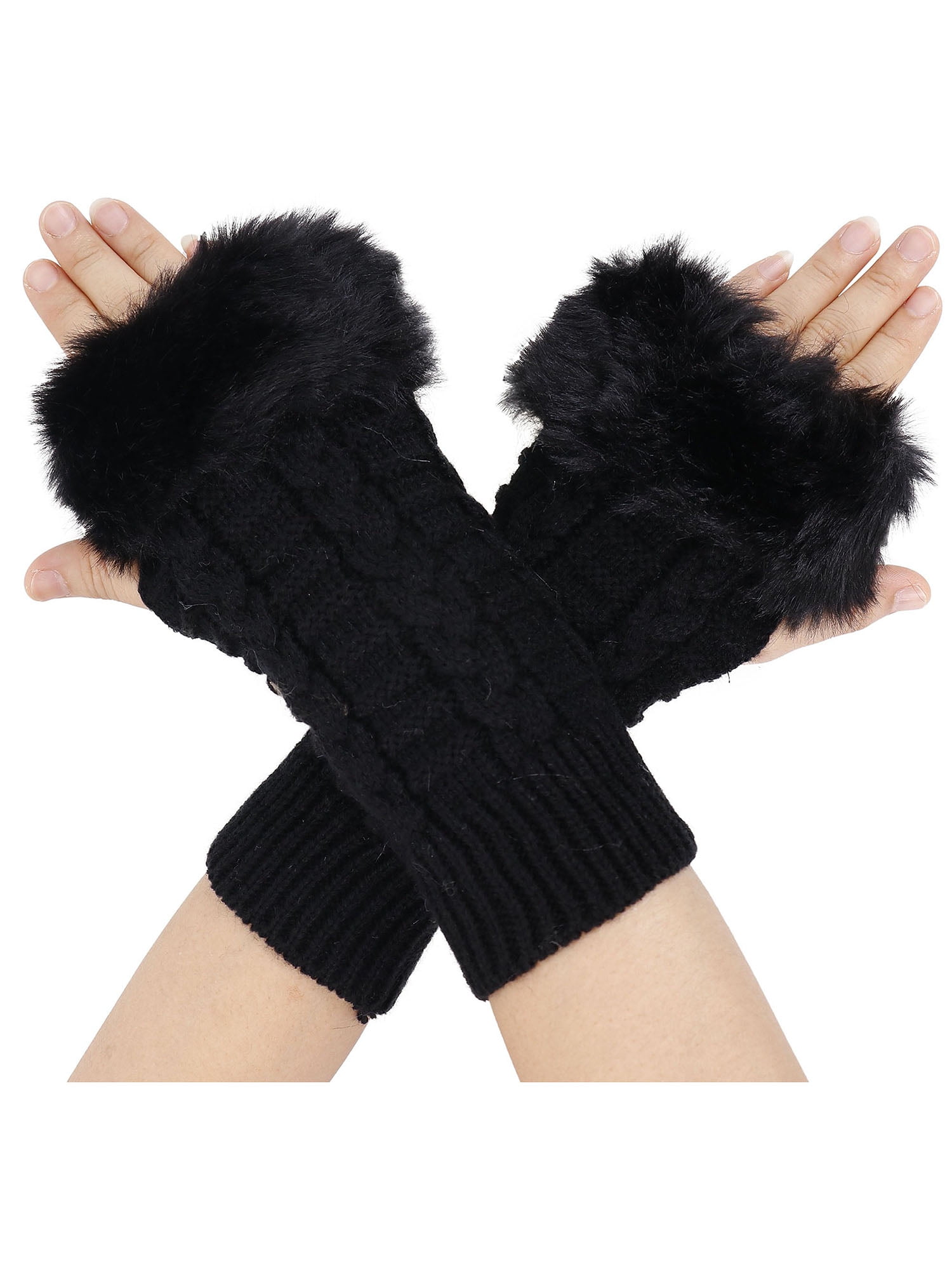 Women's Girls Arm Warmer Fingerless Short Knit Gloves With Faux Fur Mitts 
