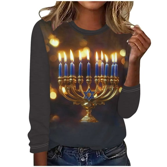 successthop Womens Hanukkah Shirt Candle Oversized Pullover Tops Lightweight Crewneck Long Sleeve Tee Jewish Clothes