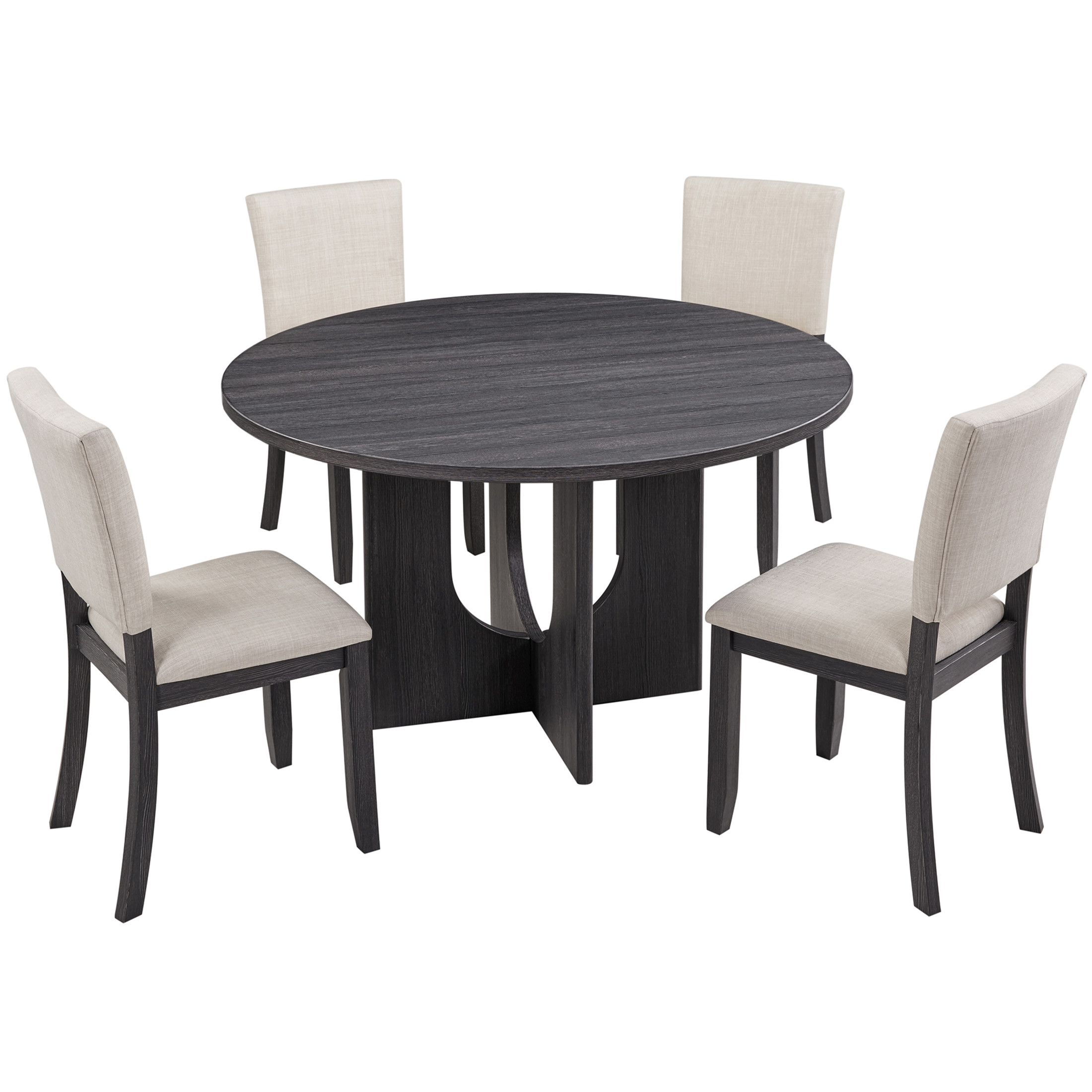 Noble House 47.3" Round Dining Table with Upholstered Chairs, Modern 5-Piece Dining Set, Antique Black+Beige