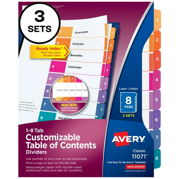 Avery Ready Index 8 Tab Binder Dividers, Customizable Table of Contents
