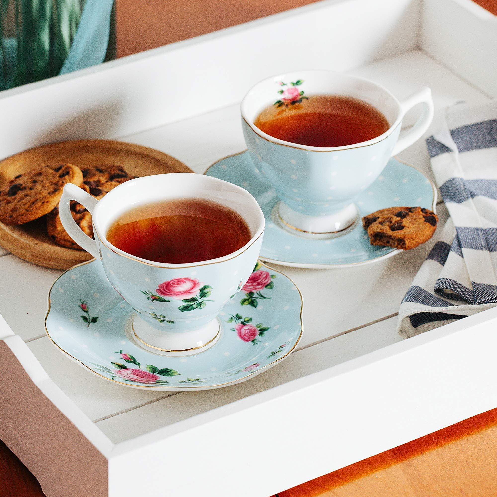 特別価格Okllen Set of Tea Cup and Saucer with Gold Trim, Oz Floral Shrubs Coffee  Cups with Spoon, Ivory Ceramic Tea Cup Set English Coff好評販売中