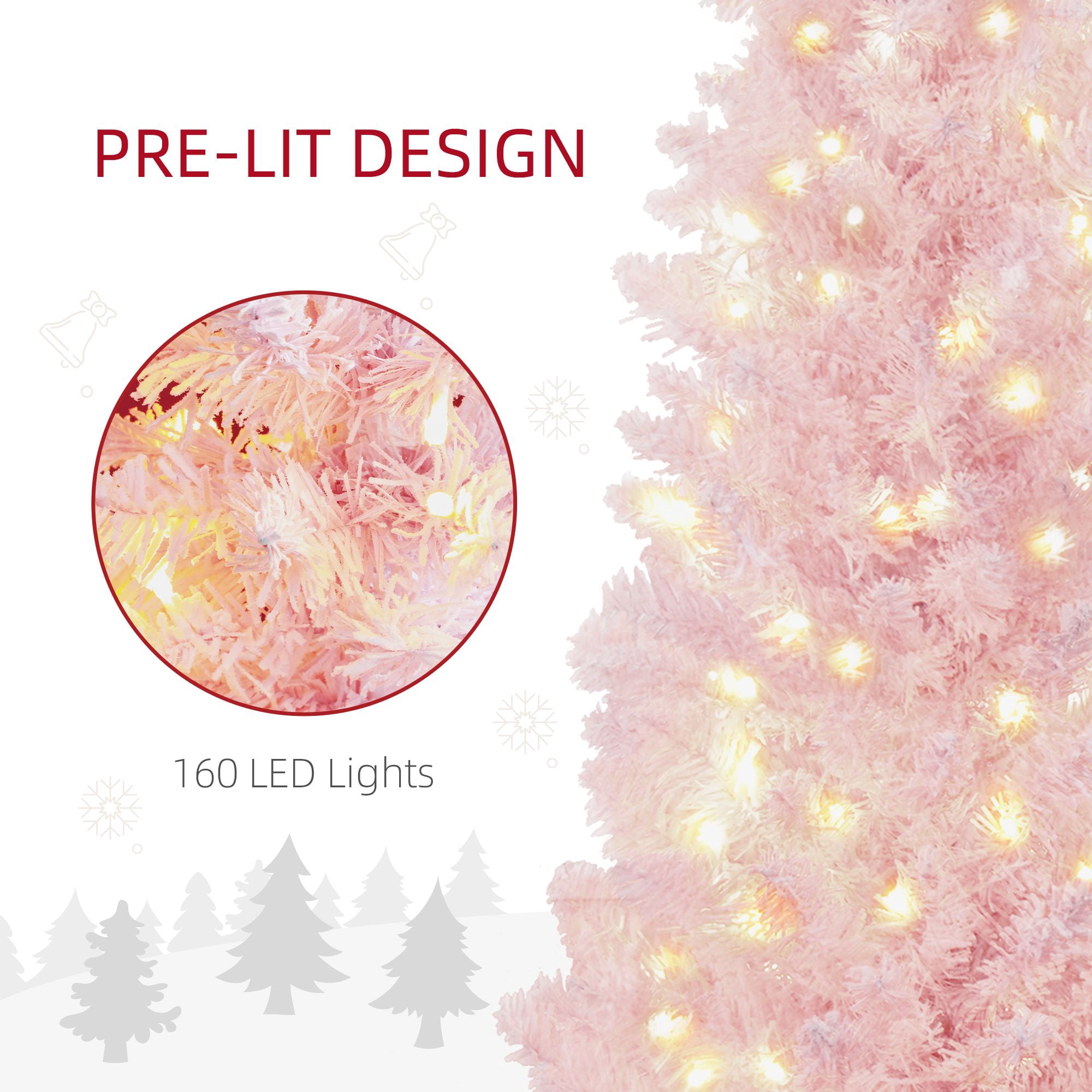 Pencil Christmas Tree, 5 ft Slim Artificial Tree with Snow Flocked Branches and Warm White LED Lights, 294 Tips, 160 Lights, 18.1 in Diameter, 59.1 in Height, Indoor Use