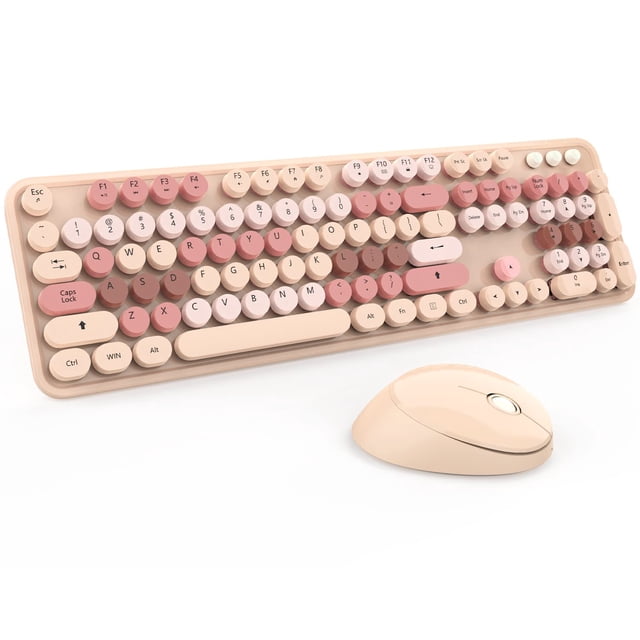 Wireless Keyboard and Mouse, KOOTOP Cute Keyboard and Mouse, 2.4G Wireless Keyboard with Retro Round Keycap for PC, Mac, Laptop,Computer Windows (Milk Tea)