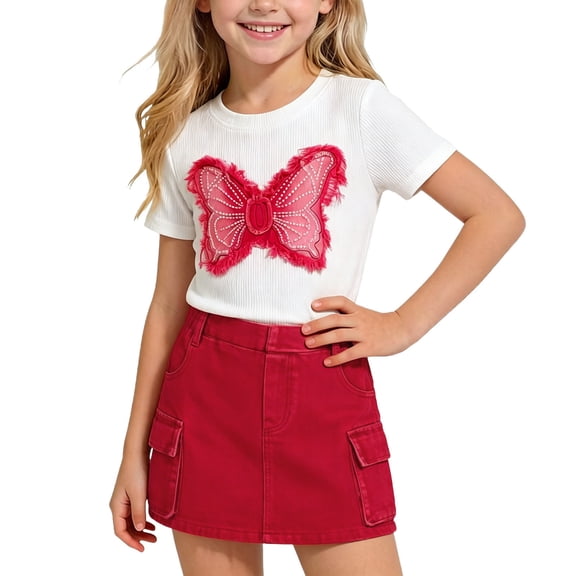 Cethrio Girls Summer Outfit Sets, Printed Short Sleeve Summer 2 Piece Kids Clothing Sets Hot Pink Size 7-8T