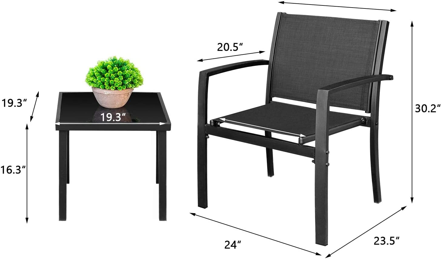 Devoko 3 Pieces Patio Furniture Set Textilene Bistro Set Outdoor Conversation Set Modern Porch Furniture Lawn Chairs with Coffee Table, Black