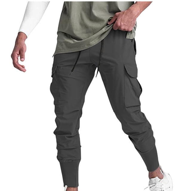 Men's Solid Color Elastic Waist Breathable Casual Sports Pants with Drawstring and Pockets