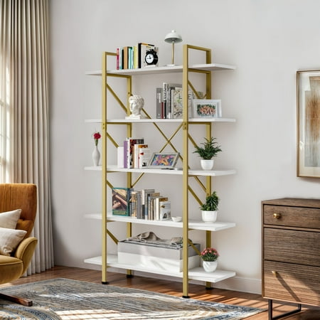 ModFusion 5-Tier Steel Freestanding Bookcase, Open Display Storage Organizer, White and Gold