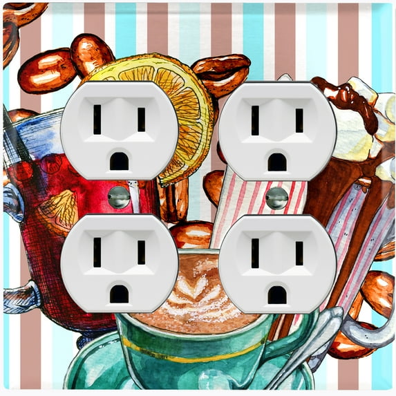Metal Light Switch Wall Plate Outlet Cover (Coffee Beans Mocha Tea Marshmallow Treat Stripe Teal Brown - Double Duplex)