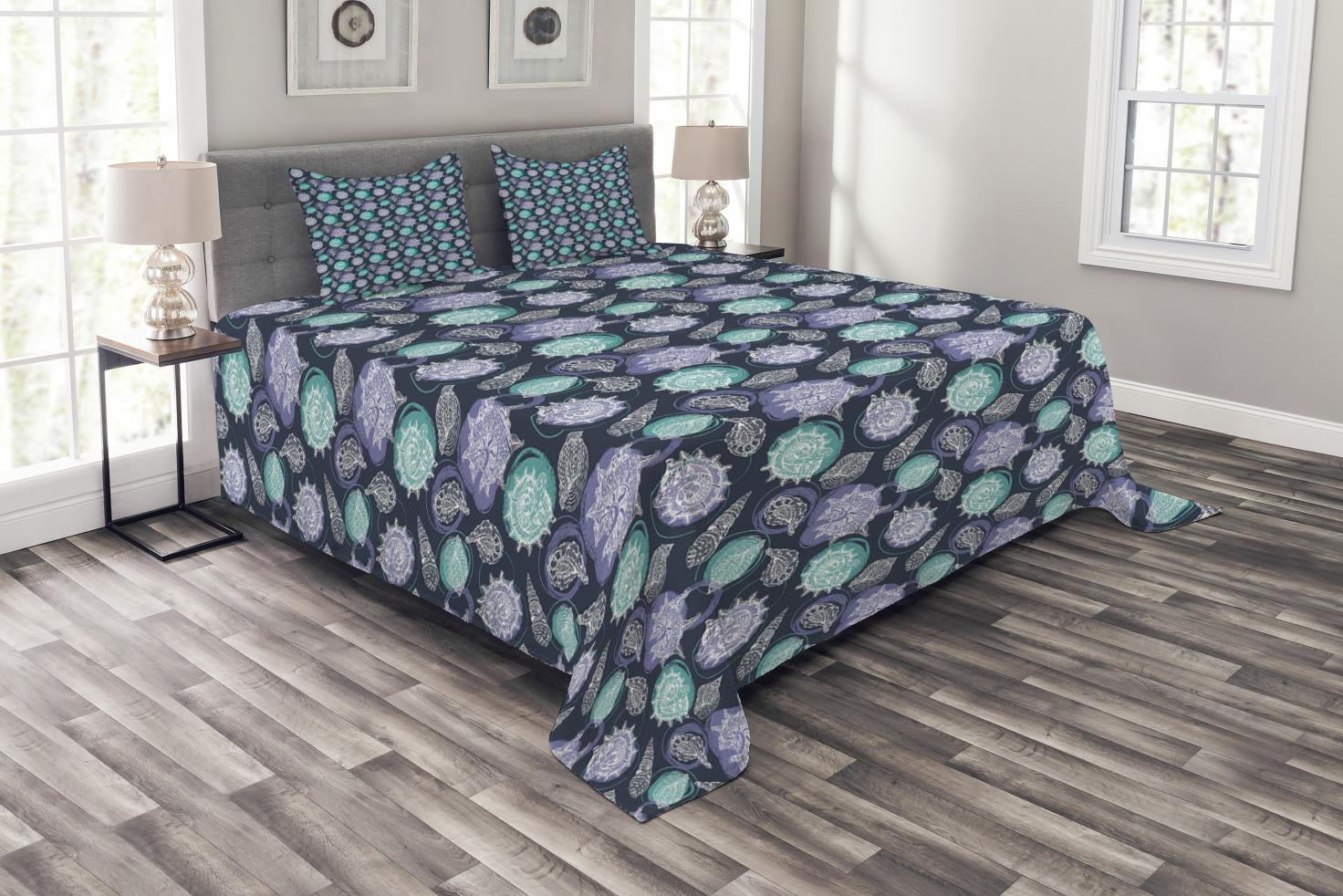 Nautical Bedspread Set Queen Size, Ocean Theme Seashells Scallop Summer