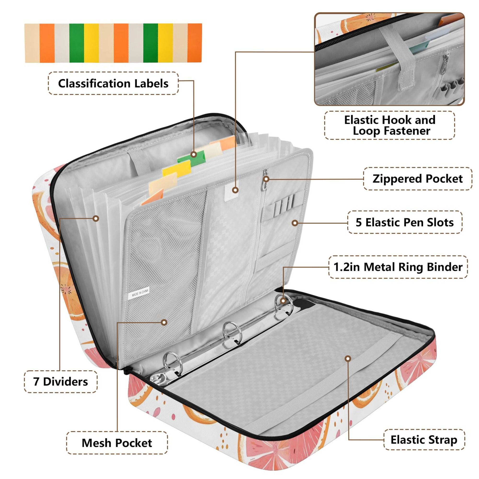 FORMRS Accordion File Folder A4 Size 7-Pocket Expanding Document Organizer Bag with 3 Ring Binder, Citrus Slice