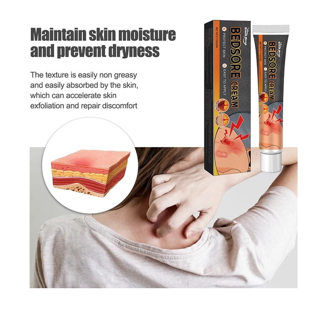 crema para escaras jshteea crema hidratante para úlceras por presión Tubo y caja multicolor en vista frontal con ilustración de capas de piel y área roja en el empaque; fondo con persona tocándose la nuca y un recuadro circular que muestra esquema de epidermis para enfatizar hidratación y absorción visualmente.